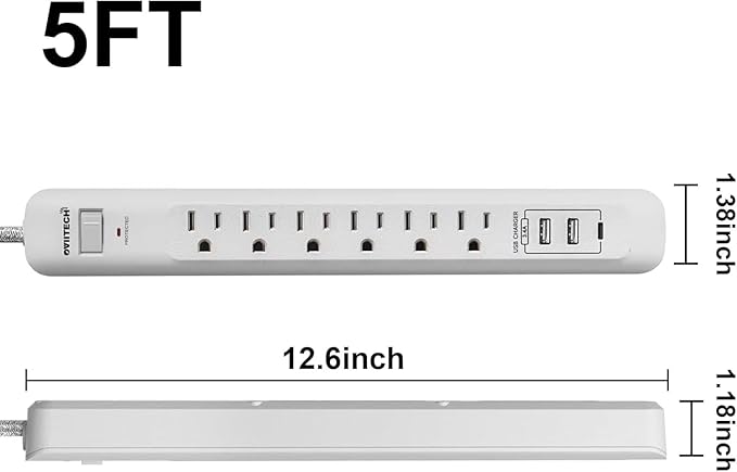 2 Pack Power Strip Surge Protector - 6 Outlets 3 USB Charging Ports (1 USB C), 5Ft Extension Cord, Flat Plug, Overload Protection, Wall Mount for Office Home, Dorm Room White