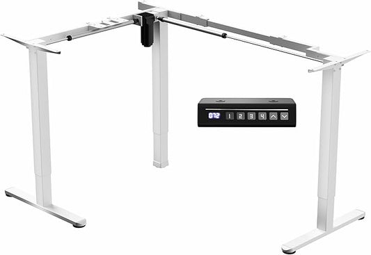 VIVO Space Efficient Electric Single Motor Height Adjustable 3-Leg Corner Standing Desk Frame, Holds up to 225 lbs, Sit Stand L-Shaped Motorized Legs Only, White, DESK-E347W
