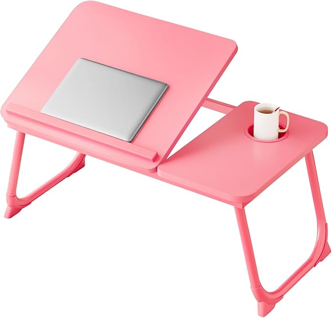 Laptop Desk for Bed, Adjustable Laptops Stand with 5 Adjustable Angles, Portable Lap Tray Table with Cup Holder, Laptop Bed Desk Tray for Eating Working Writing Reading (Pink)
