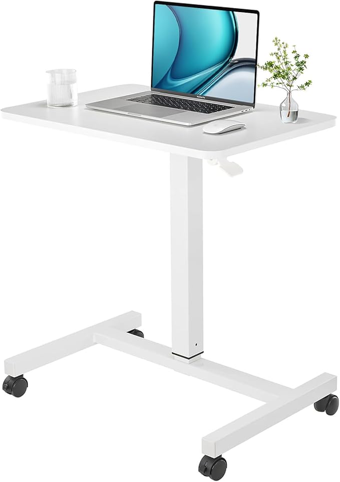CLATINA Mobile Laptop Desk Pneumatic Sit to Stand Table Height Adjustable Rolling Cart with Lockable Wheels for Home Office Computer Workstation 28" x 19" White Round Edge Design Elegant