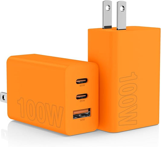 2Pack 100W USB C Wall Charger Block, 3-Port USB C Charging Adapter,65W Type C Super Fast Charging Power Plug Cube for MacBook Pro/Air,i-Pad Pro,i-Phone 17/16/15, Galaxy S25,and More