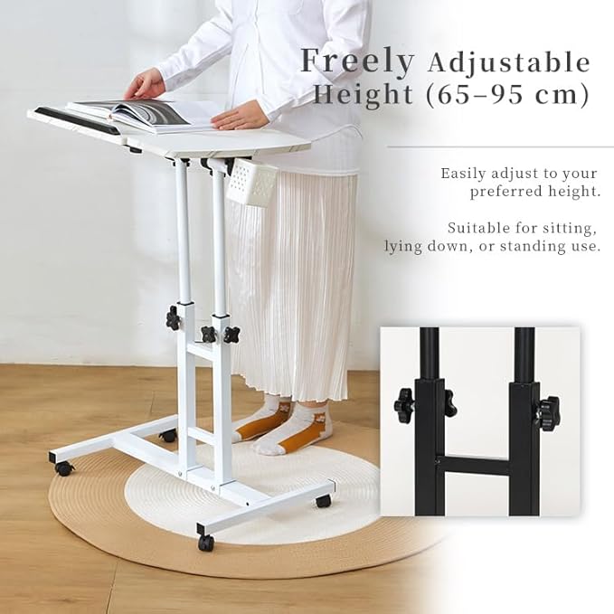Adjustable Overbed Laptop Table Tilting Top with Mouse Pad, Height Adjustable Rolling Bedside Desk with Wheels for Home, Hospital, Sofa Use - Dark Blond Wood