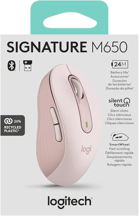 Logitech Signature M650 Wireless Mouse - for Small to Medium Sized Hands, 2-Year Battery, Silent Clicks, Customizable Side Buttons, Bluetooth, for PC/Mac/Multi-Device/Chromebook - Rose