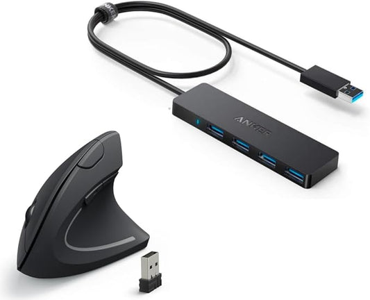 Anker 4-Port USB 3.0 Hub, Ultra-Slim Data USB Hub 2.4G Wireless Vertical Ergonomic Optical Mouse
