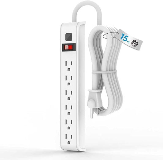 TiFFCOFiO Surge Protector Power Strip, 15 Feet Extension Cord, 600 Joules Surge Protection, Multiple Protection 6 Outlet Strip, 14 AWG Cord, 15A/1875W, ETL Listed