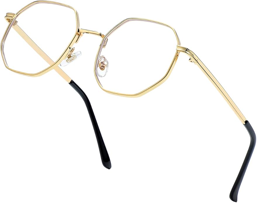 JOVAKIT Polygon Blue Light Blocking Glasses for Women Men Vintage Octagon Square Non-prescription Metal Eyeglasses