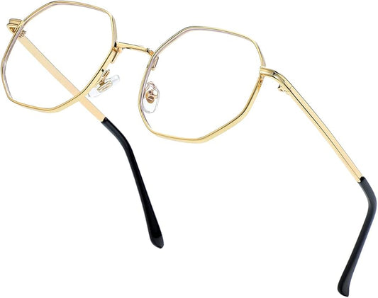 JOVAKIT Polygon Blue Light Blocking Glasses for Women Men Vintage Octagon Square Non-prescription Metal Eyeglasses