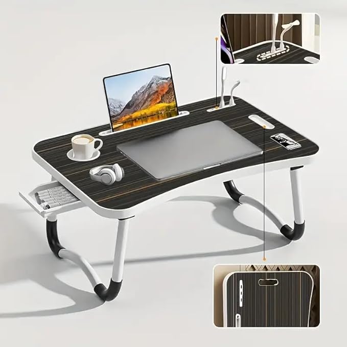 Portable Foldable Laptop Bed Table with 3 Port USB, Storage Drawer and Cup Holder, Laptop Desk Stand Tray for Eating, Reading and Working (Black)
