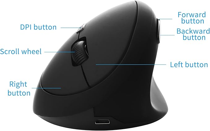 YOCUNKER USB Rechargeable Vertical Mouse 2.4GHz Wireless M Size for Small Hands, Ergonomic Optical Low Noise 6 Buttons, Reduce Wrist Strain, for MacBook/PC/Laptop/Desktop/Windows,Black