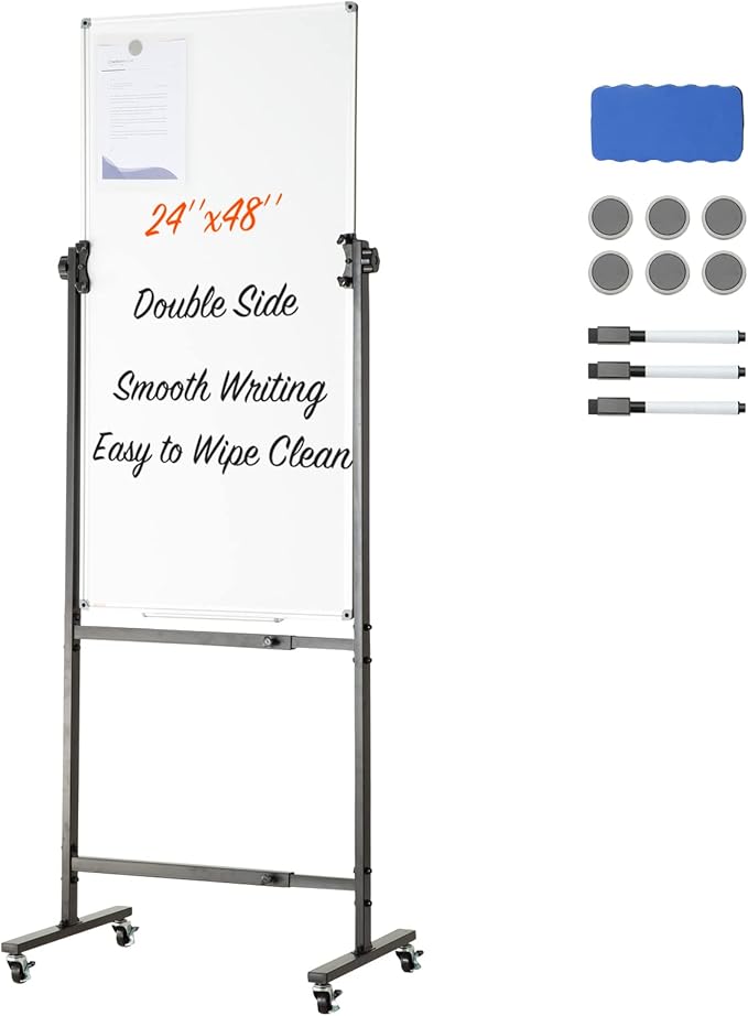 VEVOR Rolling Magnetic Whiteboard, Double-Sided Mobile Whiteboard 24x48 Inches, 360° Reversible Adjustable Height Dry Erase Board with Wheels & Movable Tray for Office School