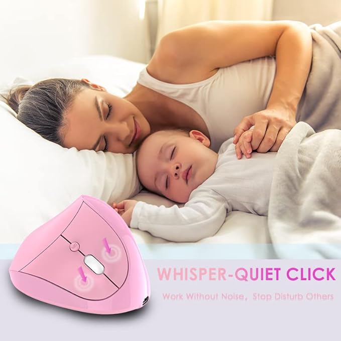 Ergonomic Mouse,Rechargeable Small Vertical Mouse with 6 Buttons Adjustable 800/1200/1600 DPI Pink Wireless Mouse for Laptop Desktop PC Mac