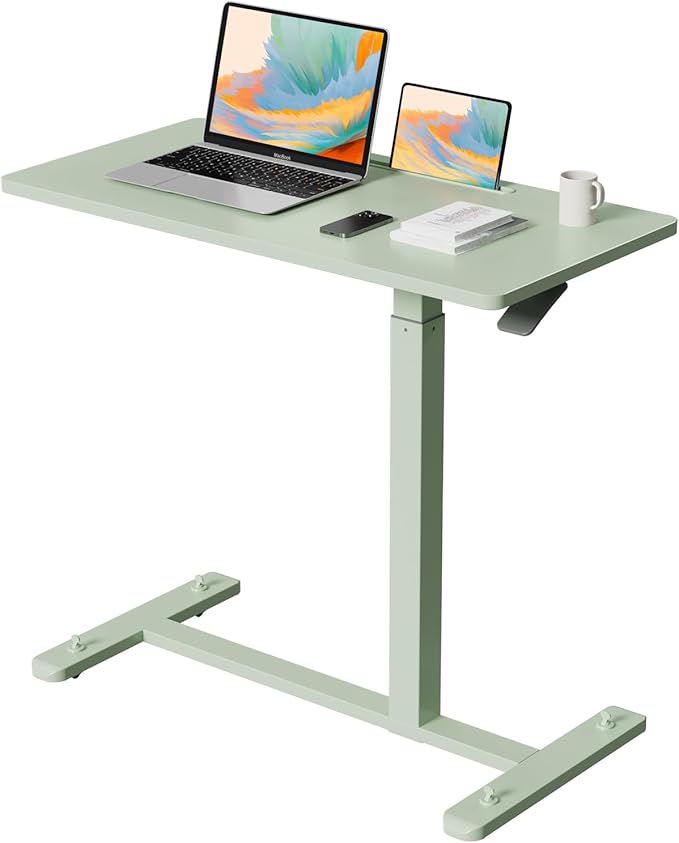 Mobile Standing Desk, Pneumatic Adjustable Rolling Desk(31.5 Inches), Portable Laptop Desk with 4 Lockable Wheels, Overbed Bedside Table Laptop Table for Couch, Home, Office, Green