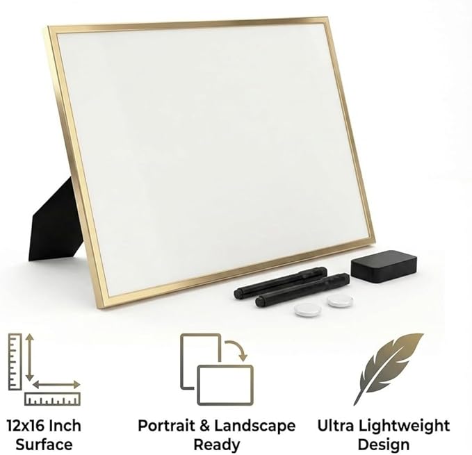 Small Whiteboard 12 x 16 Inch Magnetic Dry Erase Board with Stand & Wall Mount | Gold Aluminum Frame | Desktop Board for Home, Office, Reception, Events | 2 Markers, Eraser & 2 Magnets