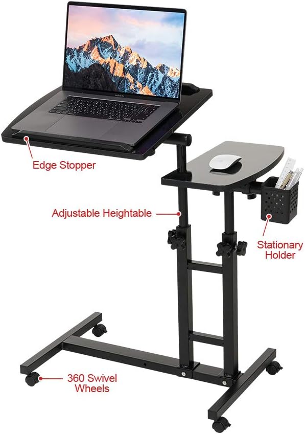 Adjustable Laptop Desk with Wheels, Laptop cart, Over Bed, Bed Side Table, Tiltable Table and Laptop Stand-Black