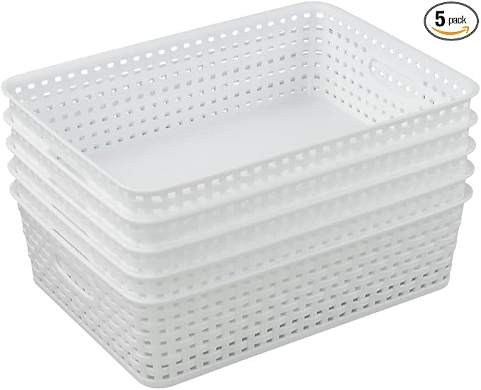 Plastic A4 Office Storage Baskets, Desk Tray Organizer, White, 5 Packs
