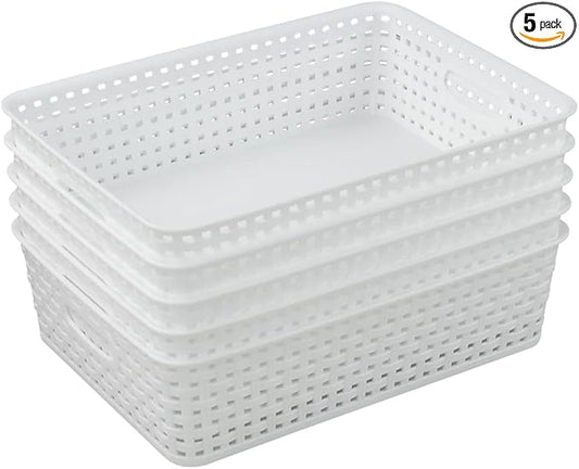Plastic A4 Office Storage Baskets, Desk Tray Organizer, White, 5 Packs