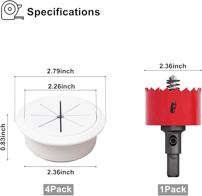 4 Pack TV Cord Hider for Wall Mounted TV, 2-3/8"(60mm Hole) Wire Hider in Wall Cable Management Kit, Includes 4 Pass Throughs and 1 Hole Saw Drill Attachment Easy to Install