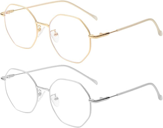 JOVAKIT Polygon Blue Light Blocking Glasses for Women Men Vintage Octagon Square Non-prescription Metal Eyeglasses