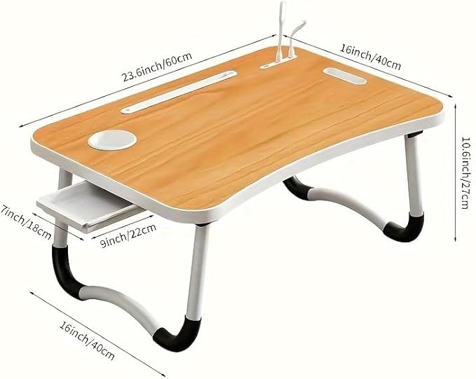 Portable Foldable Laptop Bed Table with 3 Port USB, Storage Drawer and Cup Holder, Laptop Desk Stand Tray for Eating, Reading and Working (Peach Wood)