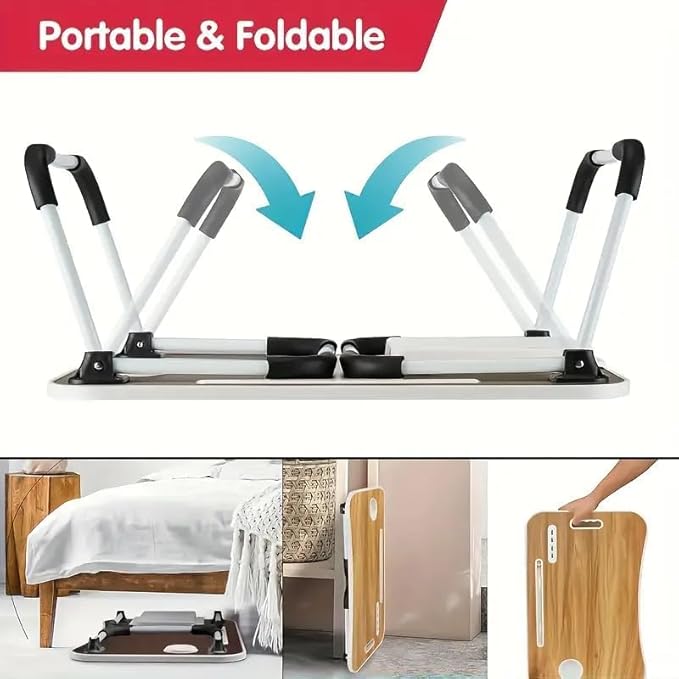 Portable Foldable Laptop Bed Table with 3 Port USB, Storage Drawer and Cup Holder, Laptop Desk Stand Tray for Eating, Reading and Working (Peach Wood)