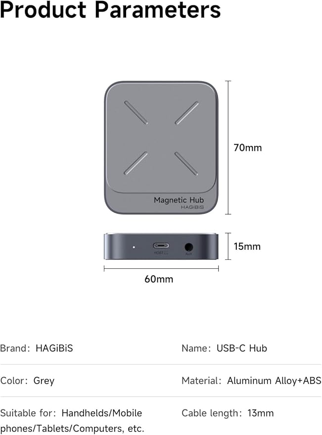 Hagibis Magnetic USB C Hub with Magsafe for iPhone 17 16 15 Pro Max, 7 in 1 Type-C Docking Station 4K@60Hz HDMI SD3.0 TF3.0 Card Solt 100W PD 10Gbps USB-C AUX for MacBook Pro Air, iPad Pro (TC100)