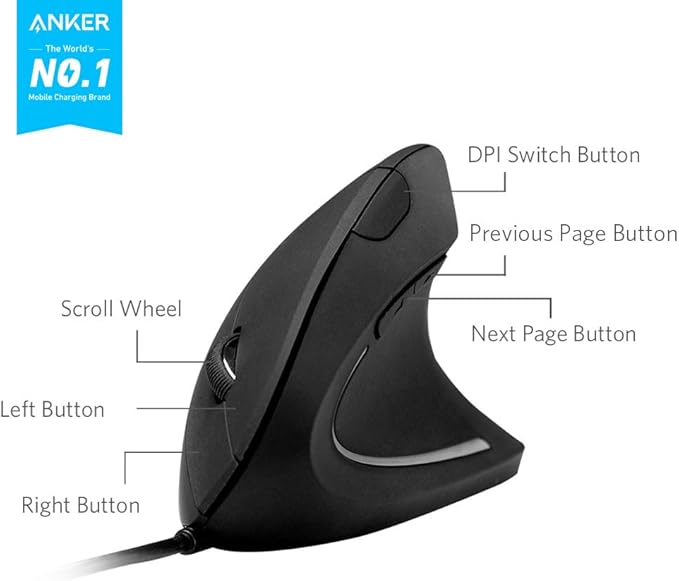 Anker USB Wired Vertical Mouse, Ergonomic Design Mouse for Computer and Laptop, 5 Buttons, 1000/1600 DPI, Optical Technology, USB Corded - Black