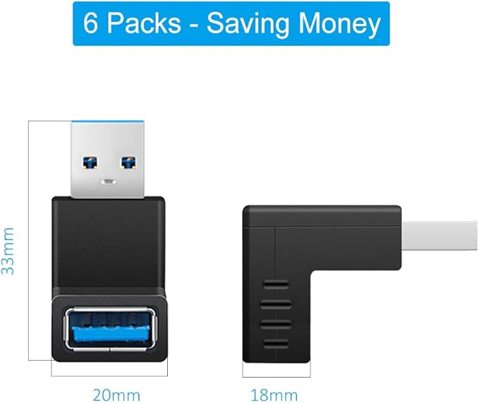 ELUTENG 90 Degree USB 3.0 Adapter 6 Pack - Right Angle Male to Female Up/Down/Left/Right Connector - L Shaped Extension for PC, Laptop, Charger and More