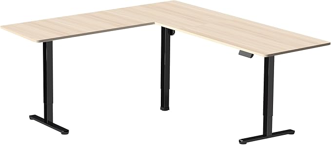 VIVO Corner Standing Desk, 75 x 63 inch Reversible L-Shaped Workstation, Electric Height Adjustment, Home, Office, and Reception Rooms, Light Wood Table Top Black Frame, DESK-E3CTBC-75