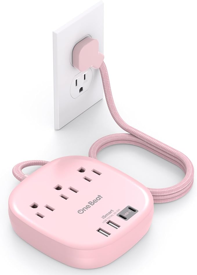 Flat Plug Power Strip, 6ft Pink Flat Extension Cord - 3 Outlets 4 USB Ports (2 USB C) 22.5W/4.5A Desktop Charging Station, Power Strip No Surge Protection for Cruise Ship, Dorm Room Travel Essentials