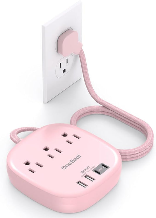 Flat Plug Power Strip, 6ft Pink Flat Extension Cord - 3 Outlets 4 USB Ports (2 USB C) 22.5W/4.5A Desktop Charging Station, Power Strip No Surge Protection for Cruise Ship, Dorm Room Travel Essentials