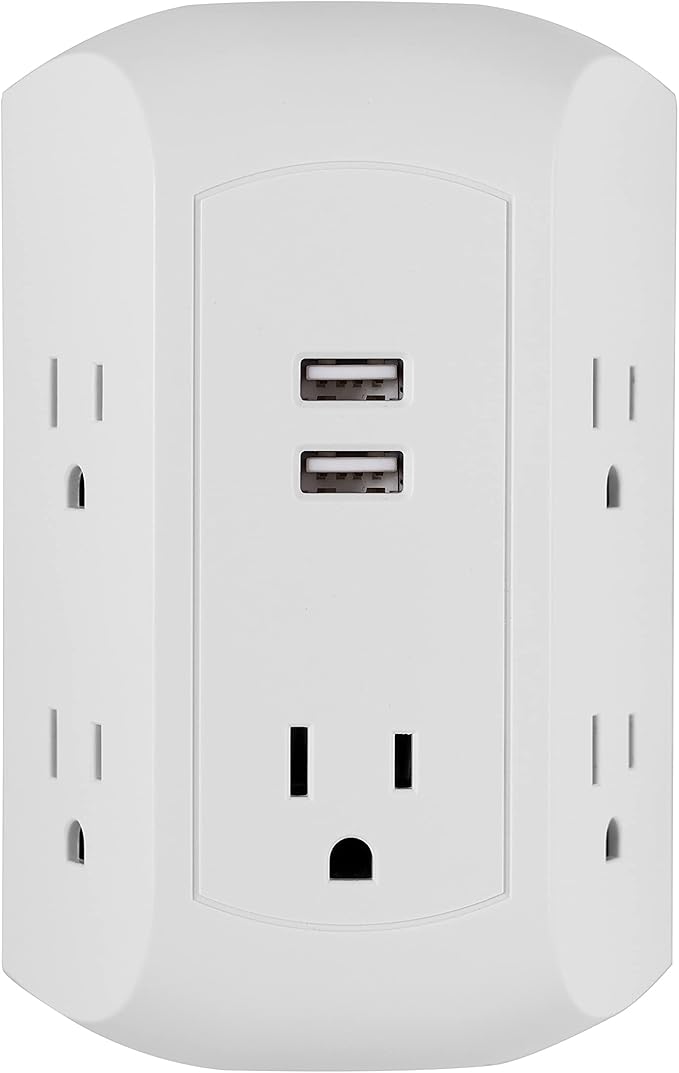 GE 5-Outlet 2-USB Surge Protector Outlet Adapter, 560 Joules, Fast Charging Station, 12W USB-A Ports, Side Access, Compatible with Apple iPhone, iPad, Samsung Galaxy, Google Pixel, White, 58297