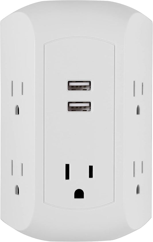 GE 5-Outlet 2-USB Surge Protector Outlet Adapter, 560 Joules, Fast Charging Station, 12W USB-A Ports, Side Access, Compatible with Apple iPhone, iPad, Samsung Galaxy, Google Pixel, White, 58297