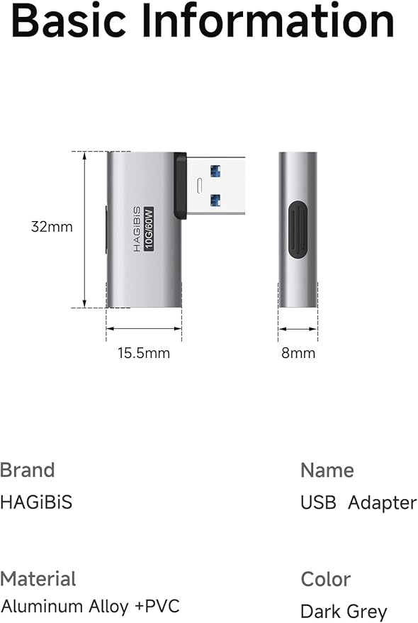 Hagibis USB 3.2 Adapter 2 Pack, 90 Degree Right and Left Angle USB A Male to Female Connector OTG Adapter Cable Extender for Laptops Charger PC Car Mouse Keyboard (Side Back)