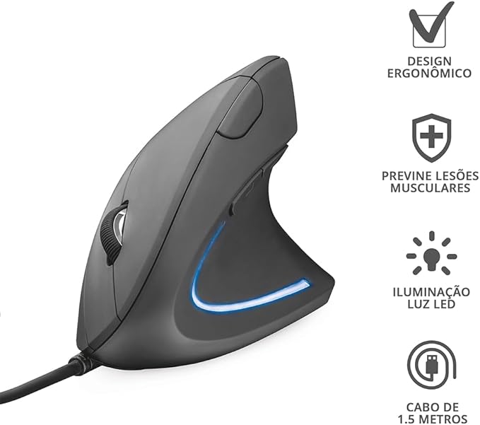 Trust Verto Wired Ergonomic Mouse, Vertical Mouse with LED Illumination, 1000-1600 DPI, 6 Buttons, for Right Hand Users, Computer Mouse for PC and Laptop - Black
