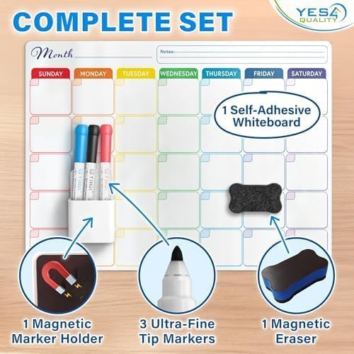 Whiteboard Calendar - 16x12 in - Magnetic Monthly Dry Erase Planner with Adhesive Back - Erasable Weekly Chore Chart with 3 Markers, Eraser, Holder - Ideal for Fridge or Wall Use - Yes4Quality