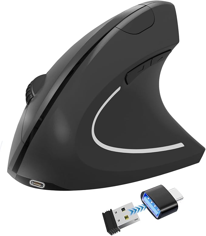 Vassink Ergonomic WirelessMouse, USB A+Type C(2 in 1) Connection, 800/1200/1600 DPI, 6 Silent Buttons, 2.4GHz Carpal Tunnel Rechargeable Vertical Mice, for Laptop, Desktop,MacBook-Black