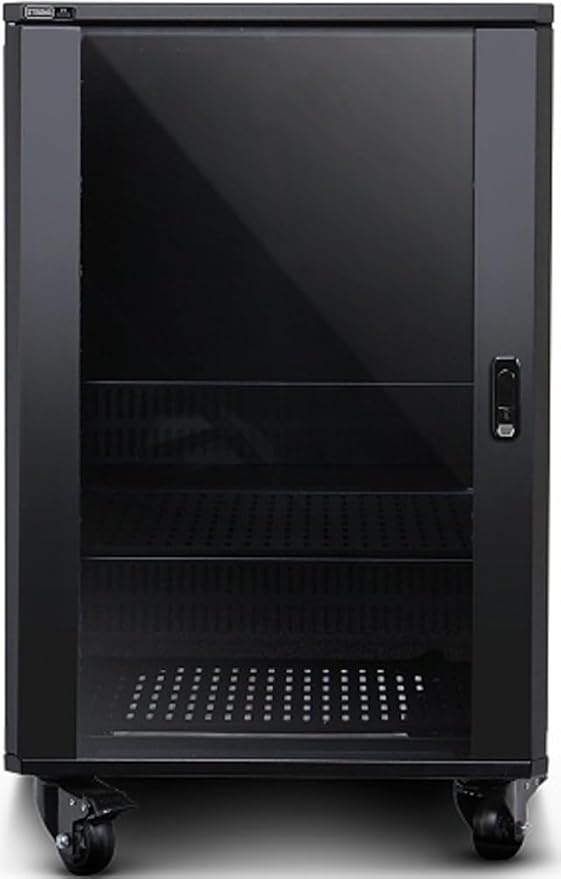 Strong SR-FS-SYSTEM-DC-15U FS-Series 15U Rack System with DC Fans, Steel with 24" Deep Black Powder Coat/Tinted & Tempered Glass Door, 750 lbs Maximum Load Weight, Low-Profile Casters