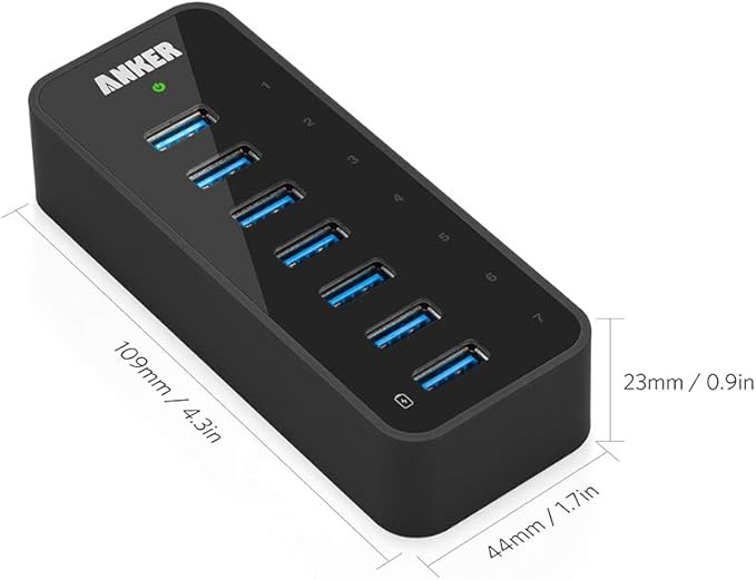Anker Powered USB Hub for Laptop, 7 Ports USB 3.0 Data Hub, with 36W Power Adapter and BC 1.2 Charging Port for iPhone 7/6s Plus, iPad Air 2, Galaxy S Series, Note Series, Mac, PC, USB-Flash Drives