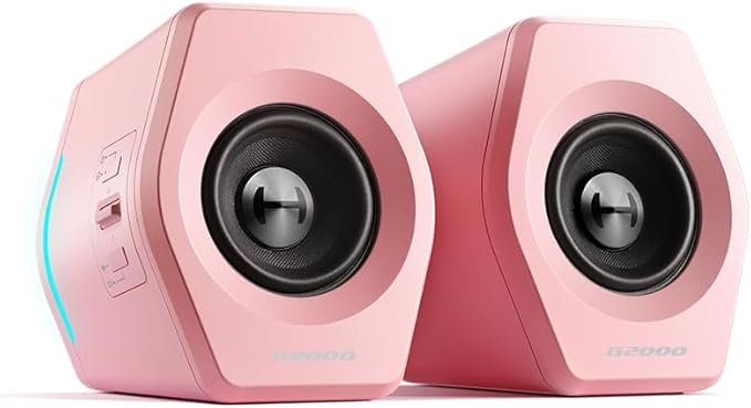 Edifier G2000 RGB Gaming Speakers, 32W Peak Power, Compact Design for PC/PS4/Desktop, Bluetooth 5.1, 3.5mm AUX, Game/Movie/Music Modes, 12 RGB Lighting Effects - Pink