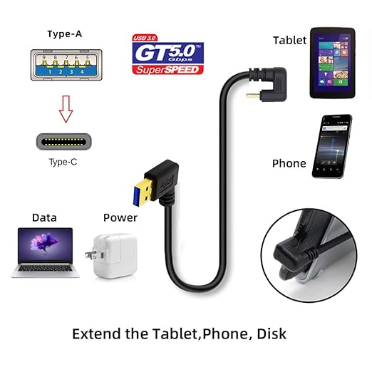 NFHK Left Angled USB3.0 Type-A to Type C USB-C Male to Male Power Data Cable 5Gbps USB-C Opposite U Shape Back Angled