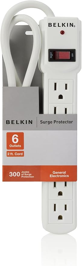 Belkin 6-Outlet Power Strip Surge Protector with 3-Foot Power Cord, 300 Joules (F5C047),White