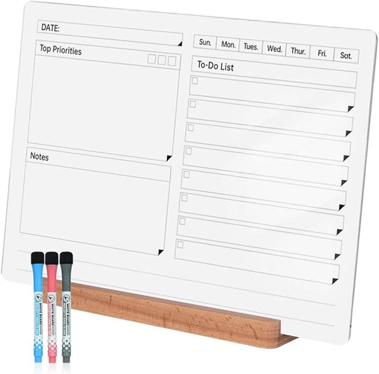 Acrylic Dry Erase to-Do List Board with Solid Wood Base, 9x13 Desktop Whiteboard Planner, Task Organizer for Office/Home/School, Includes 3 Dry Erase Markers (White)