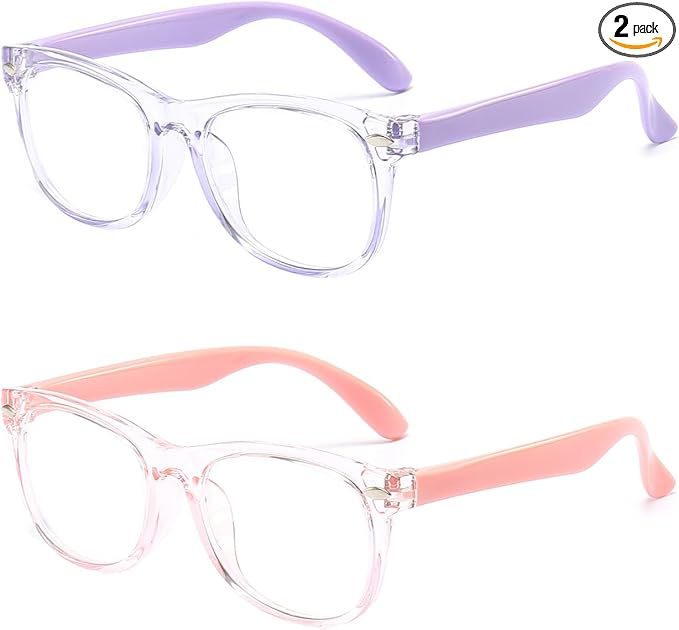 2 Pack kids Blue Light Blocking Glasses For Girls And Boys Computer Blue Light Blocking Glasses For Age 3-11 (Light purple + Light pink)