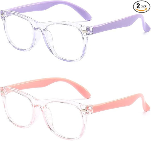 2 Pack kids Blue Light Blocking Glasses For Girls And Boys Computer Blue Light Blocking Glasses For Age 3-11 (Light purple + Light pink)