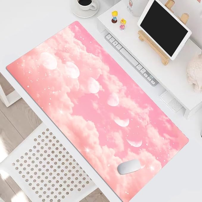 EOBTAIN Pink Cloud Desk Mat for Keyboard and Mouse,Cute Pastel Large Mouse Pad Computer Gaming Mat Desk Accessories Decor,Stitched Edges and Smooth Non-Slip Rubber Mousepads,31.5x15.7 Inch