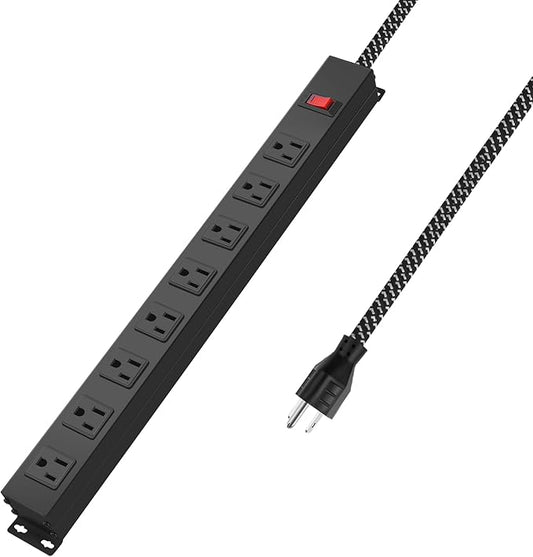 8 Outlet Power Strip - Metal Power Strip with Switch,Wide Spaced Moutable Surge Protector 1200J,10ft 14Awg Braided Cord,Home Office Industrial Garage Commercial