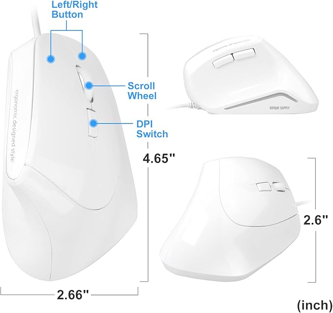 SANWA Wired Ergonomic Mouse, Silent Click Vertical Computer Mice, 3 Programmable Buttons, Optical Ergo Mouse, Reduce Wrist Strain, 1000/1600 DPI, Compatible with Mac, Windows, Laptop, PC, White