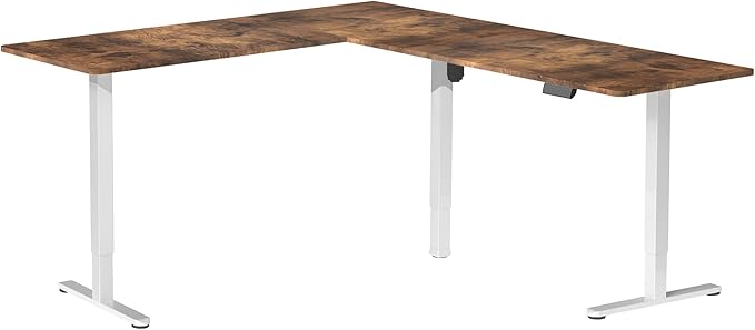 VIVO Corner Standing Desk, 84 x 63 inch Reversible L-Shaped Workstation, Electric Height Adjustment, Home, Office, and Reception Rooms, Rustic Vintage Brown Table Top White Frame, DESK-E3CTWN-84