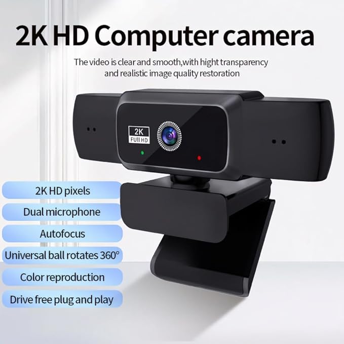 Hprosper 2K Webcam with Microphone & Light Correction, Autofocus USB Computer Camera with Privacy Cover, Wide Angle for PC, Laptop, Mac, Zoom, Conference Room, Streaming, Gaming, Video Calls
