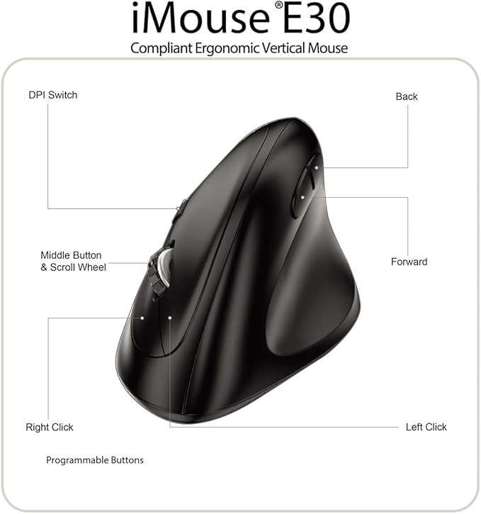 Adesso iMouse E30 2.4GHz Wireless Ergonomic Vertical Mouse Adjustable DPI Programmable Driver Optical Sensor Right Handed